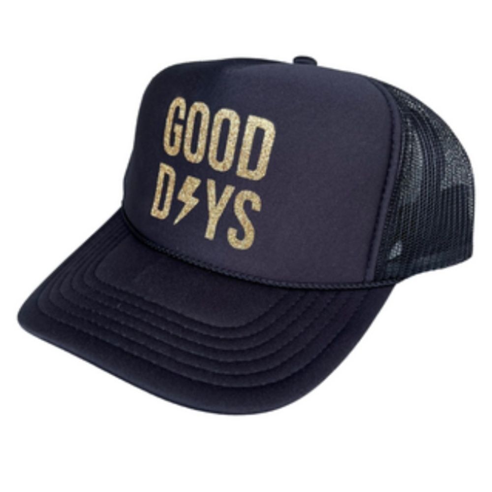 GOOD DAYS Gold Glitter & Black Snap Back Trucker Hat Lightening Bolt NEW w Tags